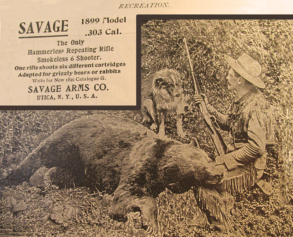 Kneeling with his hound and his 303 Savage is this buckskin-wearing bear hunter in the May, 1898 advertisement.